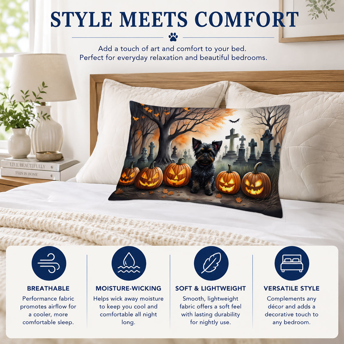 Caroline's Treasures DAC2002PILLOWCASE Affenpinscher Spooky Halloween Fabric Standard Pillowcase Lightweight Super Soft Easy Care Decorative Artwork Pillowcase, Standard