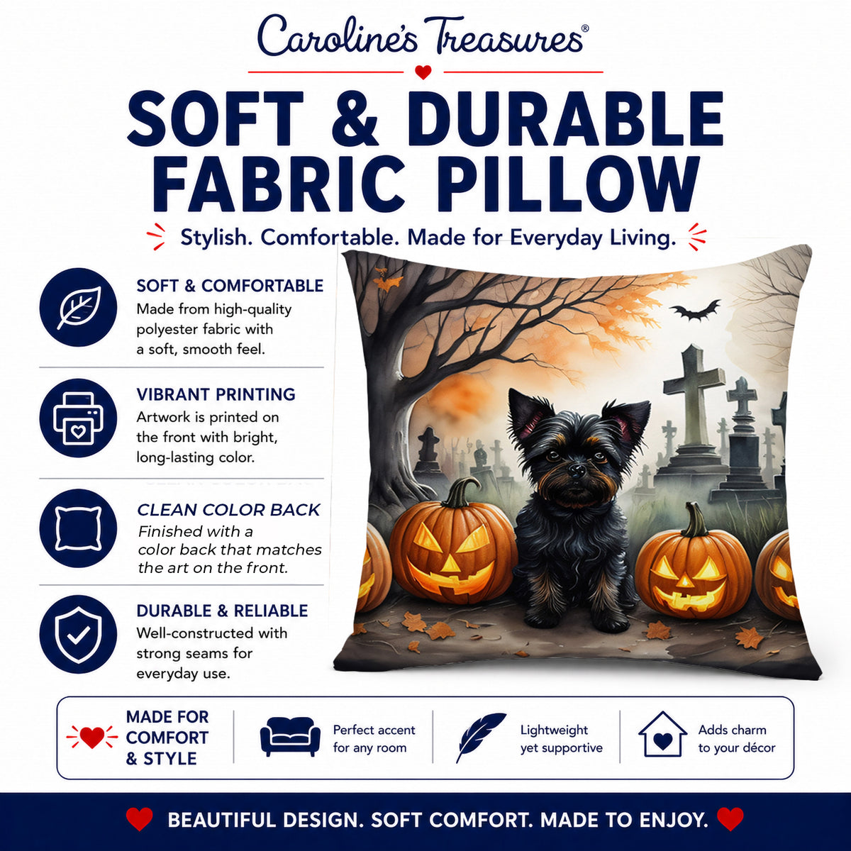 Caroline's Treasures DAC2002PW1414 Affenpinscher Spooky Halloween Fabric Decorative Pillow Machine Washable, Indoor Outdoor Decorative Pillow for Couch, Bed or Patio, 14Hx14W