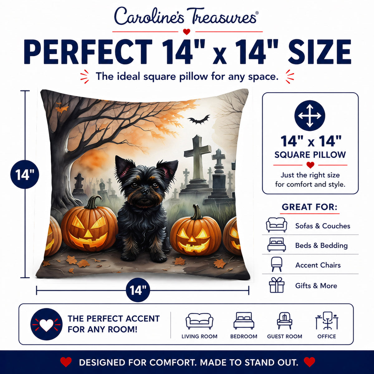 Caroline's Treasures DAC2002PW1414 Affenpinscher Spooky Halloween Fabric Decorative Pillow Machine Washable, Indoor Outdoor Decorative Pillow for Couch, Bed or Patio, 14Hx14W