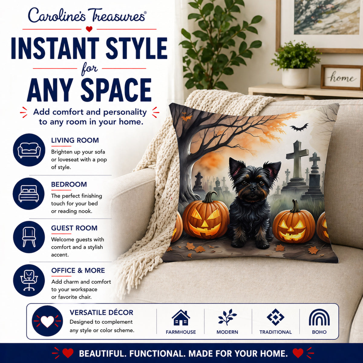 Caroline's Treasures DAC2002PW1414 Affenpinscher Spooky Halloween Fabric Decorative Pillow Machine Washable, Indoor Outdoor Decorative Pillow for Couch, Bed or Patio, 14Hx14W