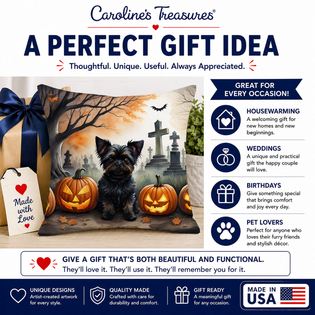 Caroline's Treasures DAC2002PW1414 Affenpinscher Spooky Halloween Fabric Decorative Pillow Machine Washable, Indoor Outdoor Decorative Pillow for Couch, Bed or Patio, 14Hx14W