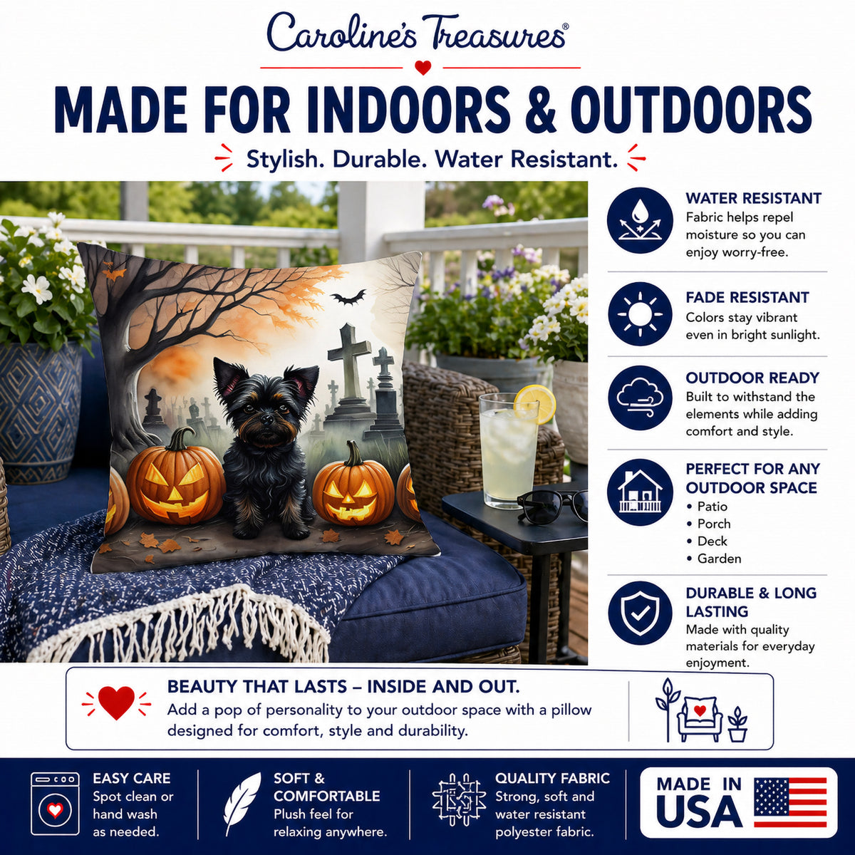 Caroline's Treasures DAC2002PW1414 Affenpinscher Spooky Halloween Fabric Decorative Pillow Machine Washable, Indoor Outdoor Decorative Pillow for Couch, Bed or Patio, 14Hx14W