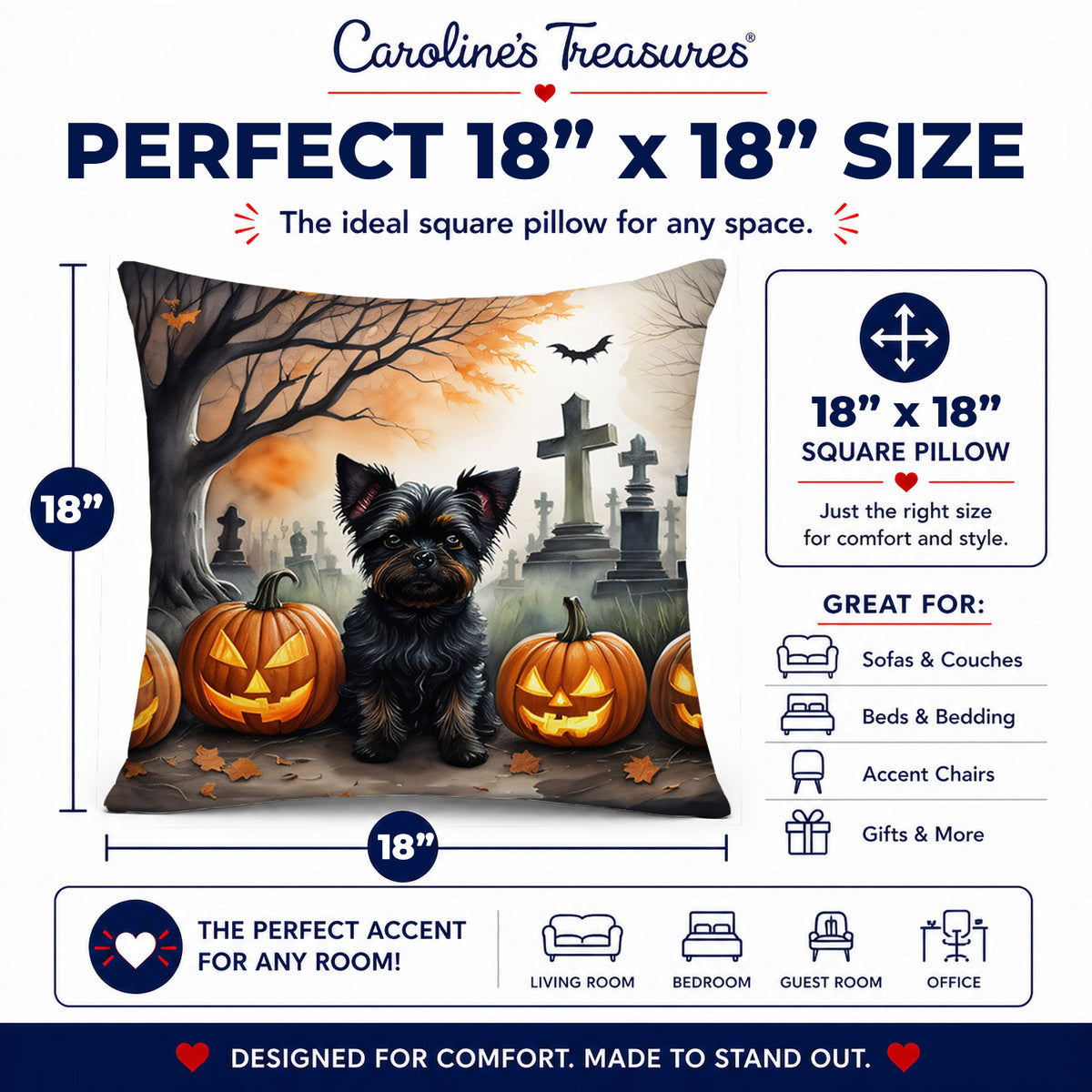 Caroline's Treasures DAC2002PW1818 Affenpinscher Spooky Halloween Fabric Decorative Pillow Machine Washable, Indoor Outdoor Decorative Pillow for Couch, Bed or Patio, 18Hx18W