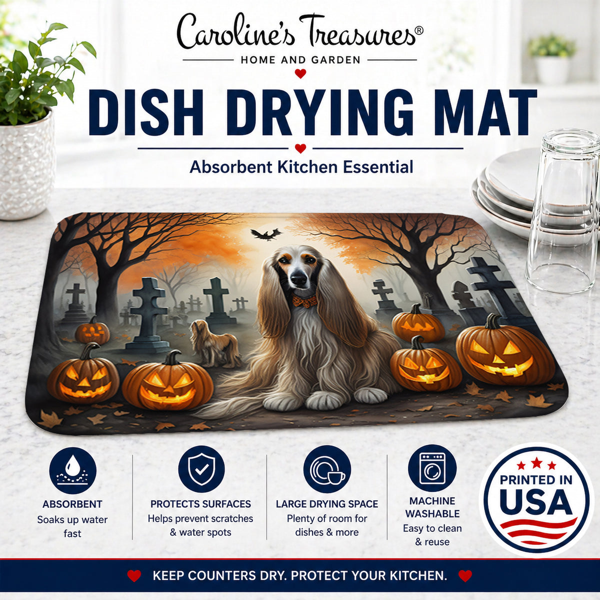 Caroline's Treasures DAC2003DDM Afghan Hound Spooky Halloween Dish Drying Mat Absorbent Dish Drying Mat Pad for Kitchen Counter Dish Drainer Mat for Countertop, 14 x 21, Multicolor