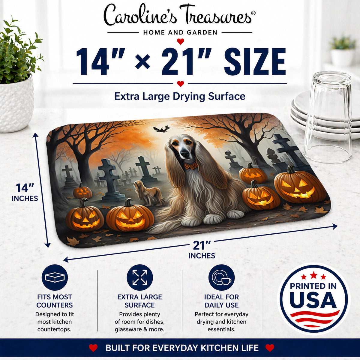 Caroline's Treasures DAC2003DDM Afghan Hound Spooky Halloween Dish Drying Mat Absorbent Dish Drying Mat Pad for Kitchen Counter Dish Drainer Mat for Countertop, 14 x 21, Multicolor