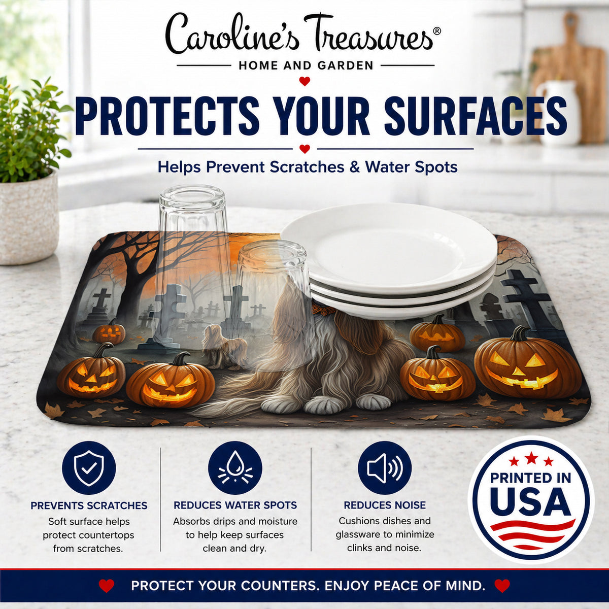 Caroline's Treasures DAC2003DDM Afghan Hound Spooky Halloween Dish Drying Mat Absorbent Dish Drying Mat Pad for Kitchen Counter Dish Drainer Mat for Countertop, 14 x 21, Multicolor