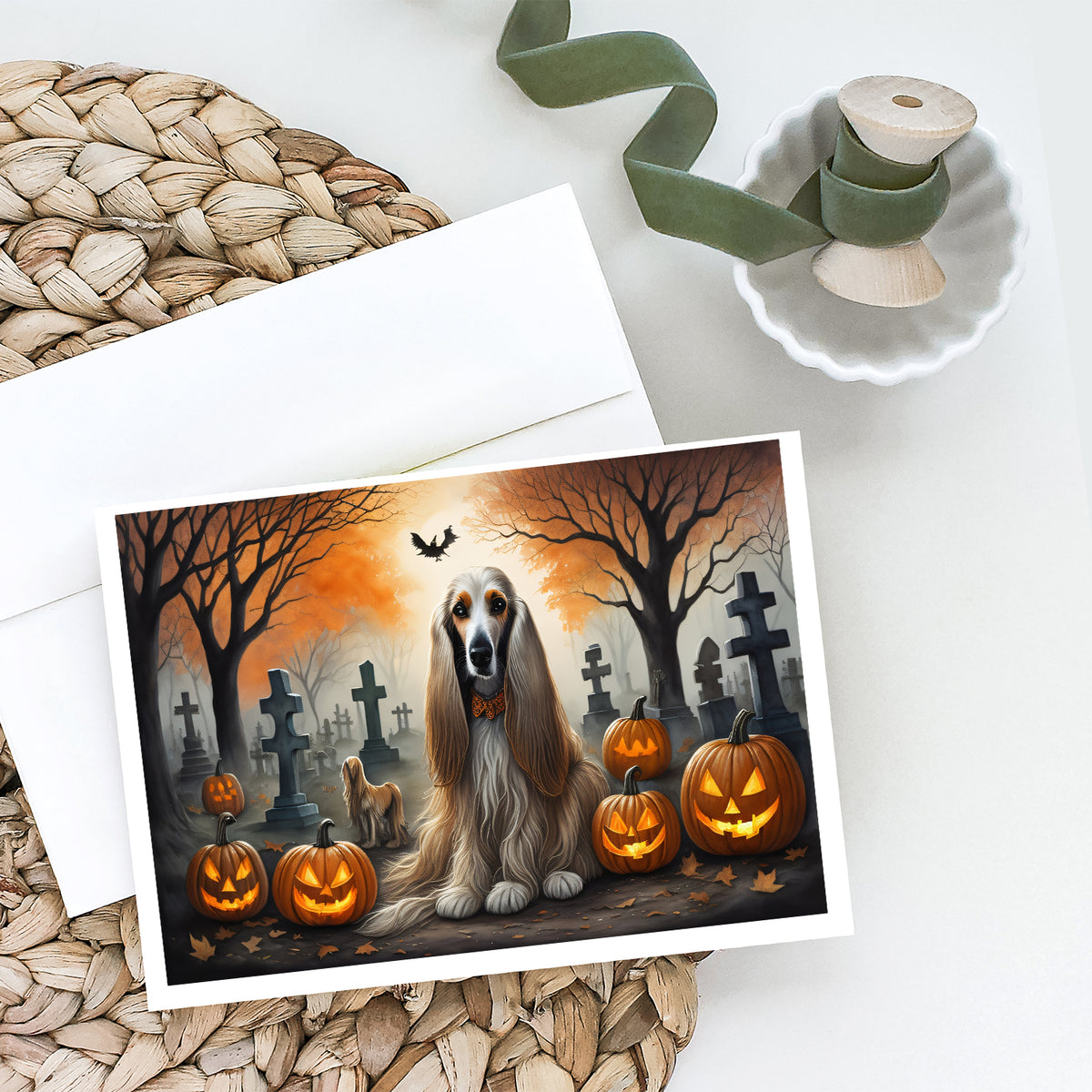 Caroline's Treasures DAC2003GCA7P Afghan Hound Spooky Halloween Greeting Cards and Envelopes Pack of 8 Blank Cards with Envelopes Whimsical A7 Size 5x7 Blank Greeting Cards