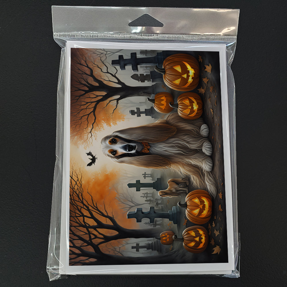 Caroline's Treasures DAC2003GCA7P Afghan Hound Spooky Halloween Greeting Cards and Envelopes Pack of 8 Blank Cards with Envelopes Whimsical A7 Size 5x7 Blank Greeting Cards