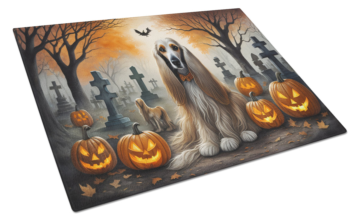 Caroline's Treasures DAC2003LCB Afghan Hound Spooky Halloween Glass Cutting Board Large Decorative Tempered Glass Kitchen Cutting and Serving Board Large Size Chopping Board