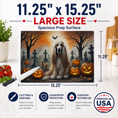 Caroline's Treasures DAC2003LCB Afghan Hound Spooky Halloween Glass Cutting Board Large Decorative Tempered Glass Kitchen Cutting and Serving Board Large Size Chopping Board