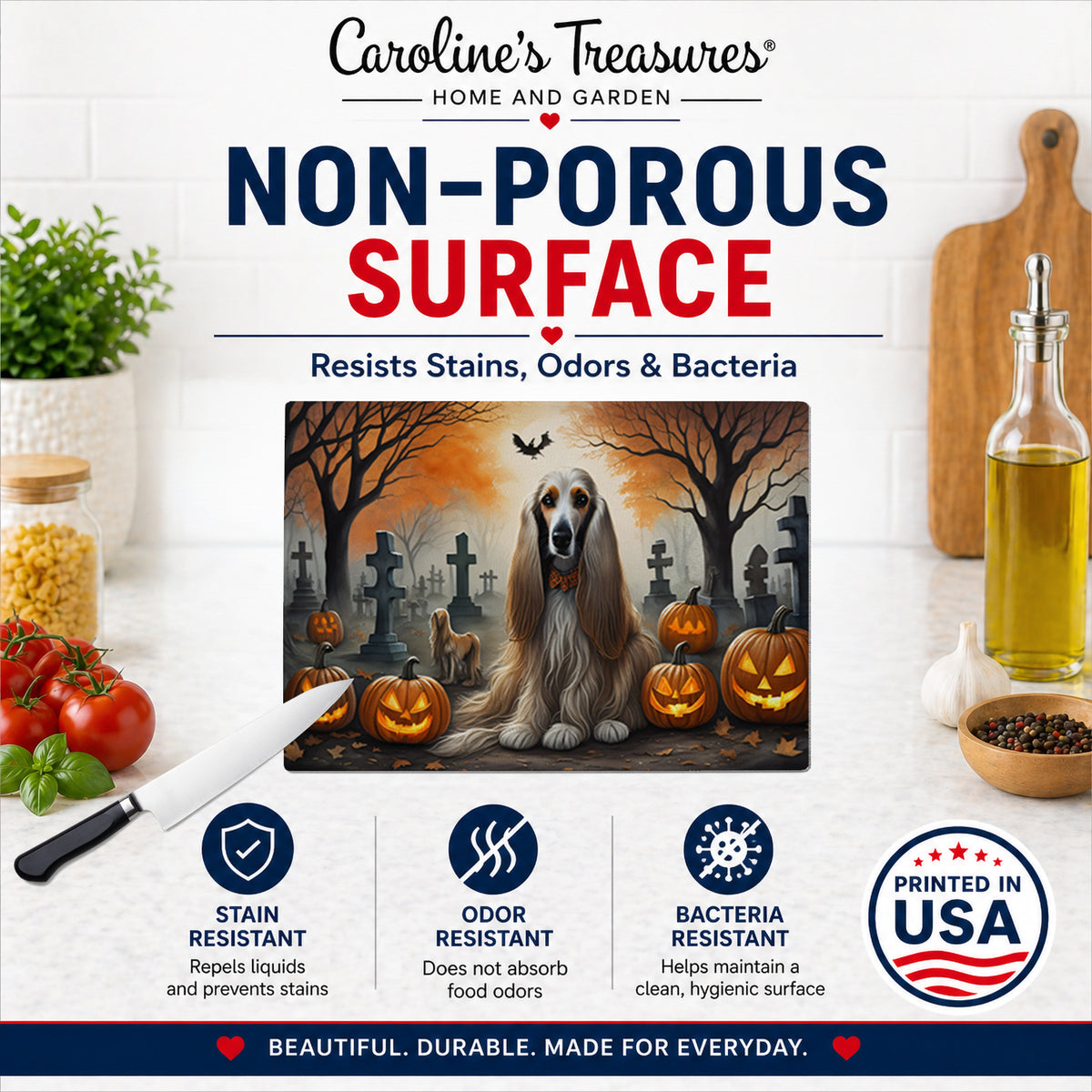 Caroline's Treasures DAC2003LCB Afghan Hound Spooky Halloween Glass Cutting Board Large Decorative Tempered Glass Kitchen Cutting and Serving Board Large Size Chopping Board