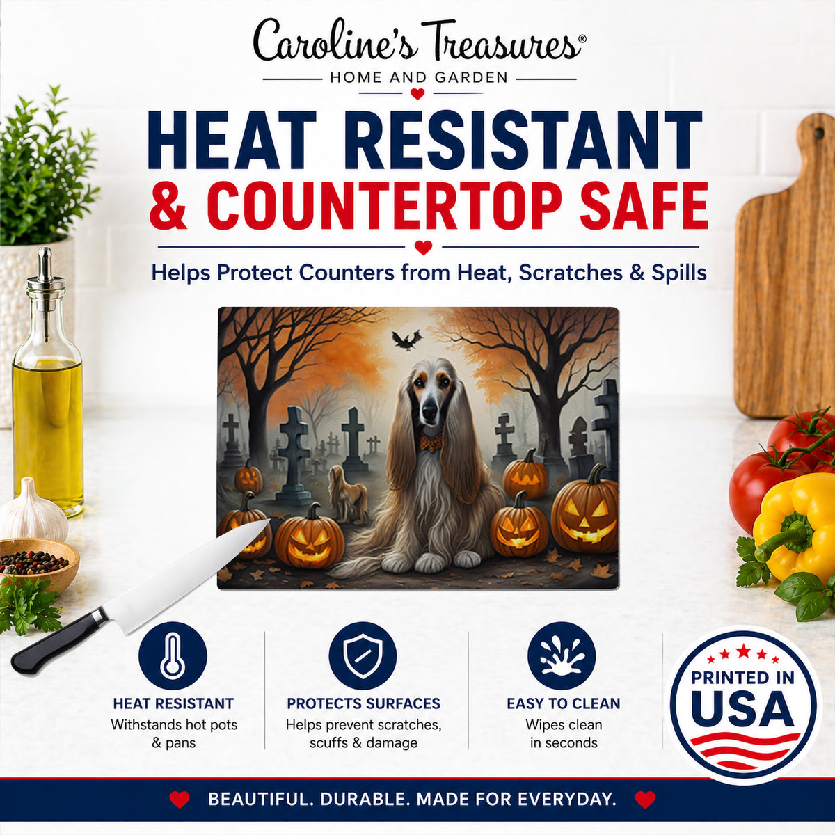 Caroline's Treasures DAC2003LCB Afghan Hound Spooky Halloween Glass Cutting Board Large Decorative Tempered Glass Kitchen Cutting and Serving Board Large Size Chopping Board