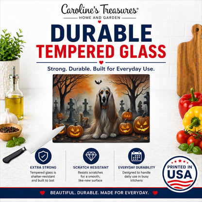 Caroline's Treasures DAC2003LCB Afghan Hound Spooky Halloween Glass Cutting Board Large Decorative Tempered Glass Kitchen Cutting and Serving Board Large Size Chopping Board