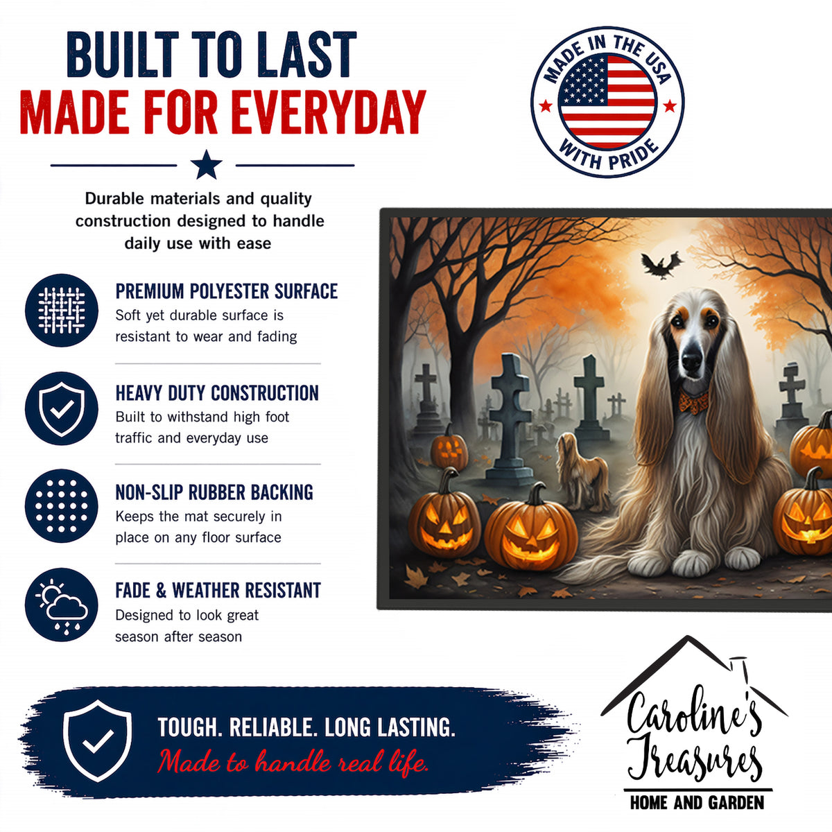 Caroline's Treasures DAC2003MAT Afghan Hound Spooky Halloween Doormat 18x27 Front Door Mat Indoor Outdoor Rugs for Entryway, Non Slip Washable Low Pile, 18H X 27W
