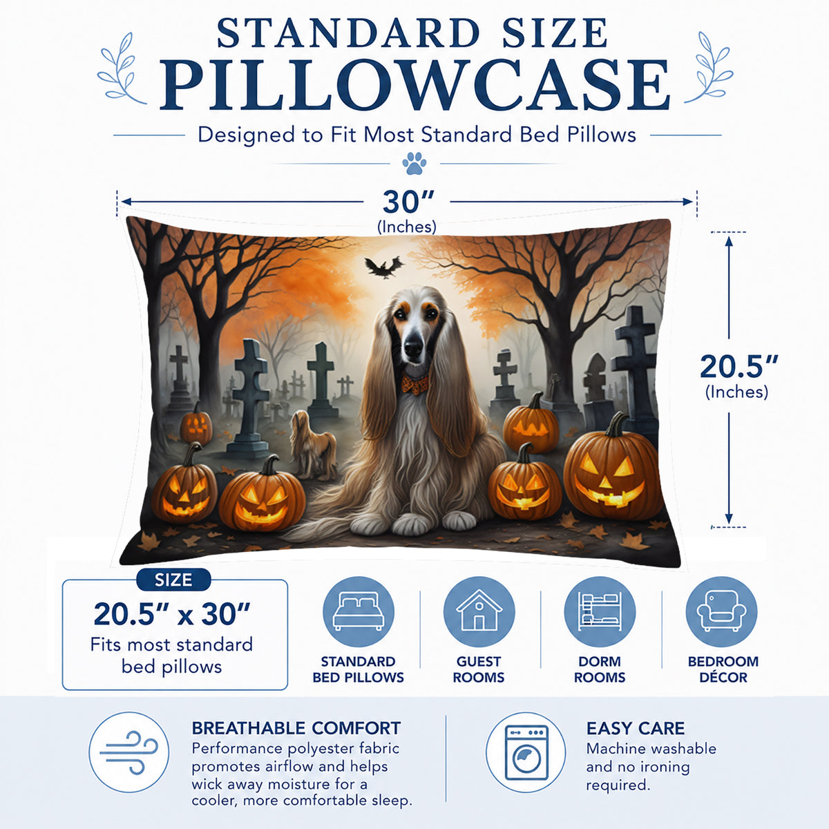 Caroline's Treasures DAC2003PILLOWCASE Afghan Hound Spooky Halloween Fabric Standard Pillowcase Lightweight Super Soft Easy Care Decorative Artwork Pillowcase, Standard