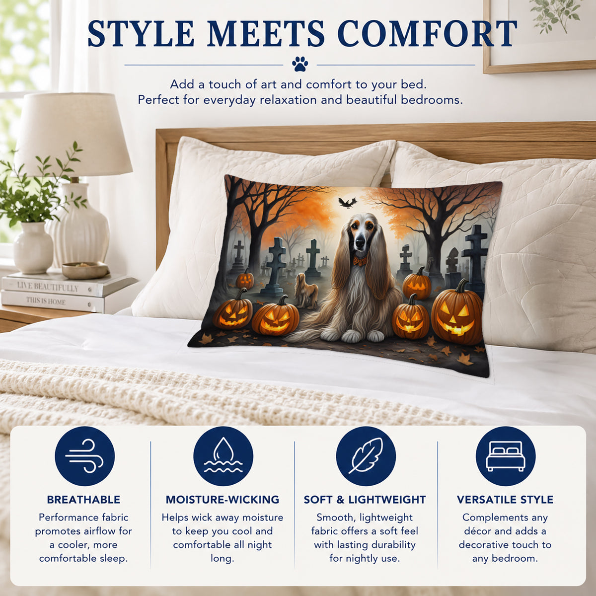 Caroline's Treasures DAC2003PILLOWCASE Afghan Hound Spooky Halloween Fabric Standard Pillowcase Lightweight Super Soft Easy Care Decorative Artwork Pillowcase, Standard