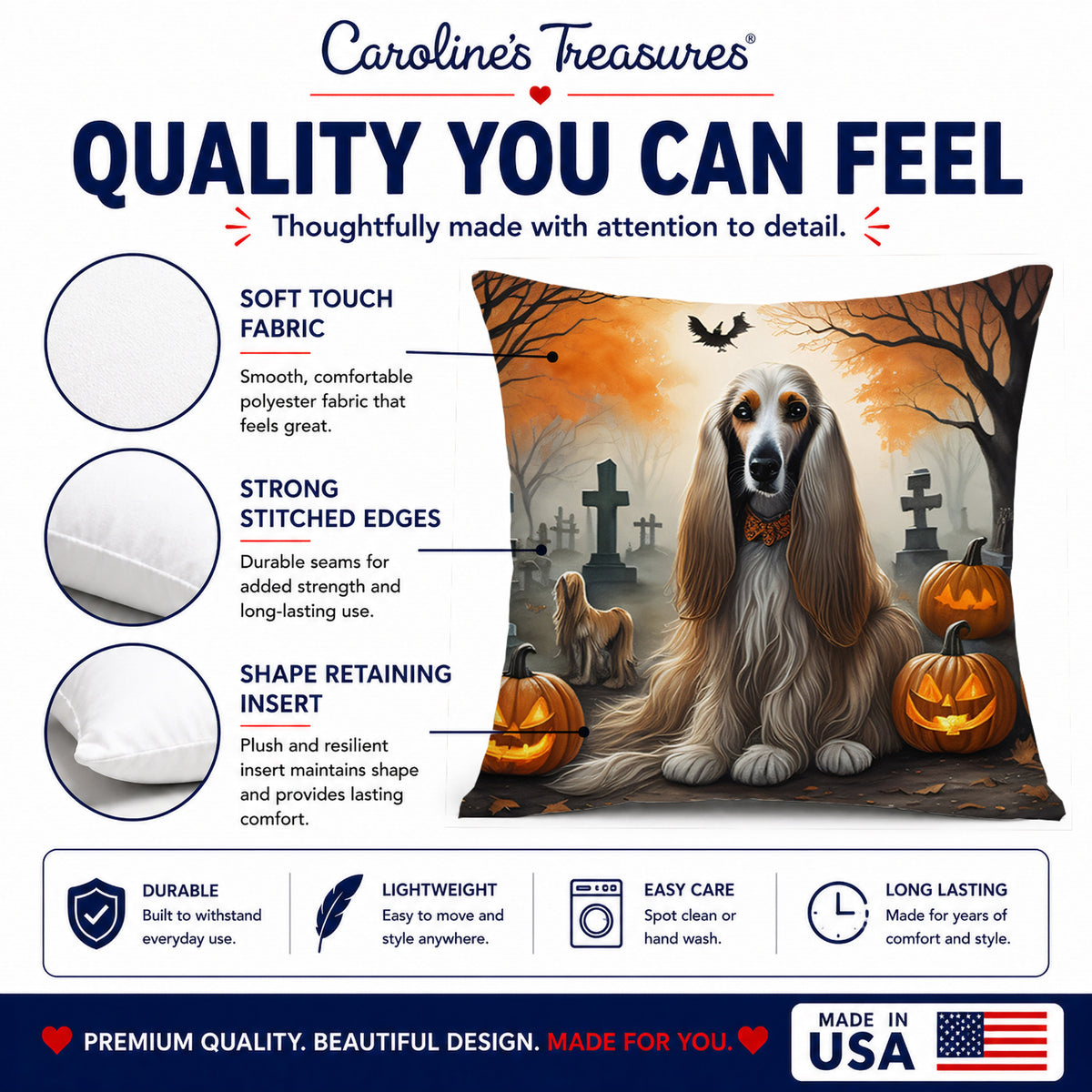Caroline's Treasures DAC2003PW1414 Afghan Hound Spooky Halloween Fabric Decorative Pillow Machine Washable, Indoor Outdoor Decorative Pillow for Couch, Bed or Patio, 14Hx14W