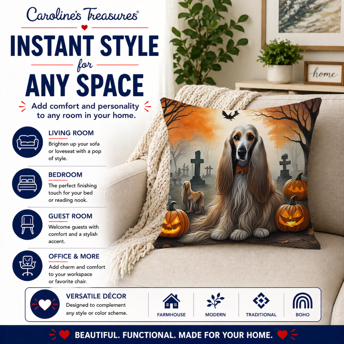 Caroline's Treasures DAC2003PW1818 Afghan Hound Spooky Halloween Fabric Decorative Pillow Machine Washable, Indoor Outdoor Decorative Pillow for Couch, Bed or Patio, 18Hx18W