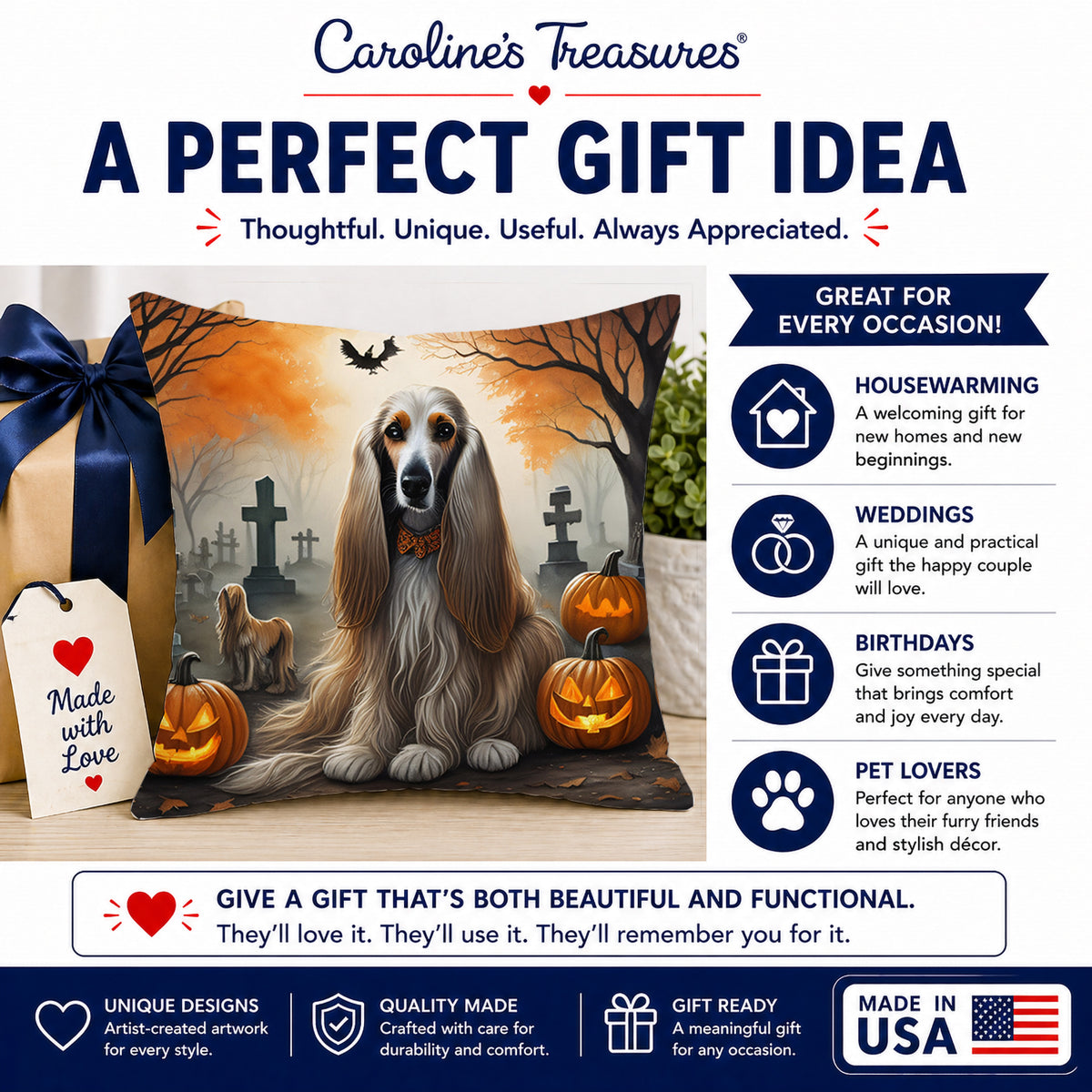 Caroline's Treasures DAC2003PW1818 Afghan Hound Spooky Halloween Fabric Decorative Pillow Machine Washable, Indoor Outdoor Decorative Pillow for Couch, Bed or Patio, 18Hx18W