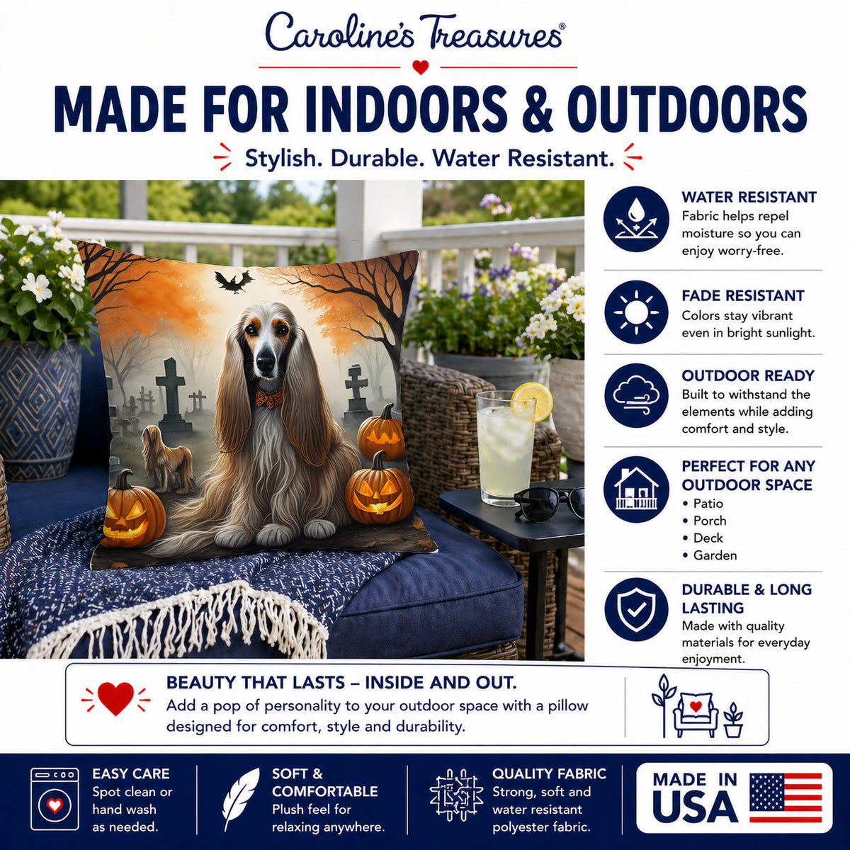Caroline's Treasures DAC2003PW1818 Afghan Hound Spooky Halloween Fabric Decorative Pillow Machine Washable, Indoor Outdoor Decorative Pillow for Couch, Bed or Patio, 18Hx18W
