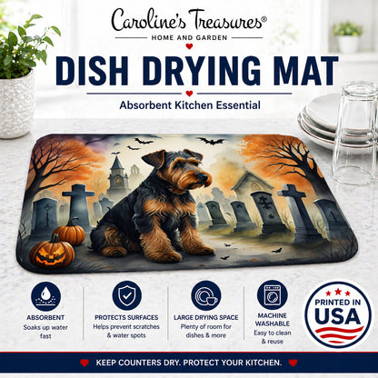 Caroline's Treasures DAC2004DDM Airedale Terrier Spooky Halloween Dish Drying Mat Absorbent Dish Drying Mat Pad for Kitchen Counter Dish Drainer Mat for Countertop, 14 x 21, Multicolor