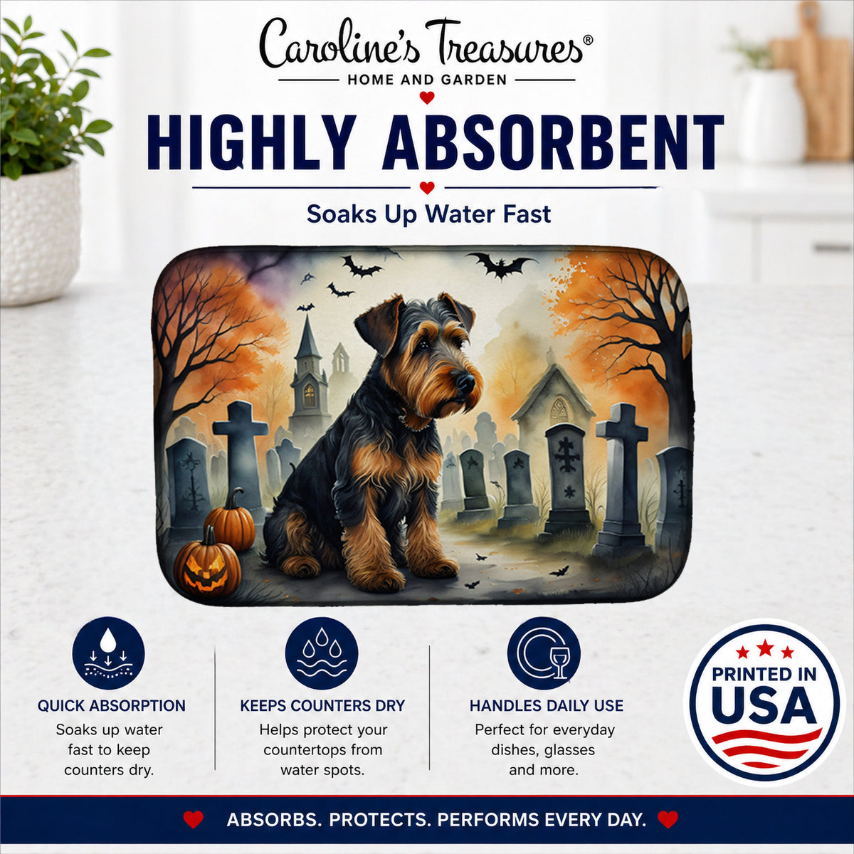 Caroline's Treasures DAC2004DDM Airedale Terrier Spooky Halloween Dish Drying Mat Absorbent Dish Drying Mat Pad for Kitchen Counter Dish Drainer Mat for Countertop, 14 x 21, Multicolor