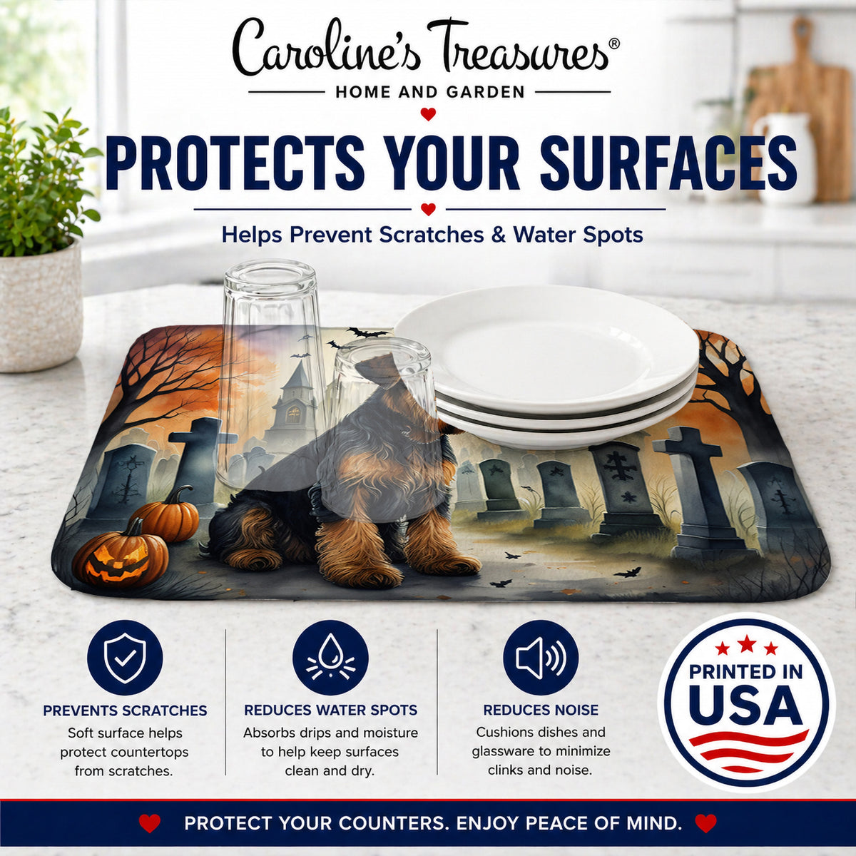 Caroline's Treasures DAC2004DDM Airedale Terrier Spooky Halloween Dish Drying Mat Absorbent Dish Drying Mat Pad for Kitchen Counter Dish Drainer Mat for Countertop, 14 x 21, Multicolor