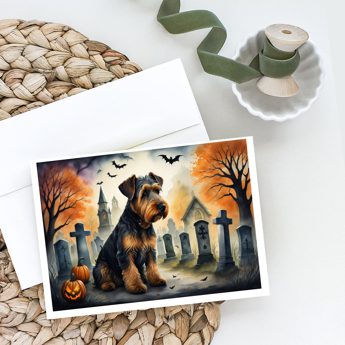 Caroline's Treasures DAC2004GCA7P Airedale Terrier Spooky Halloween Greeting Cards and Envelopes Pack of 8 Blank Cards with Envelopes Whimsical A7 Size 5x7 Blank Greeting Cards