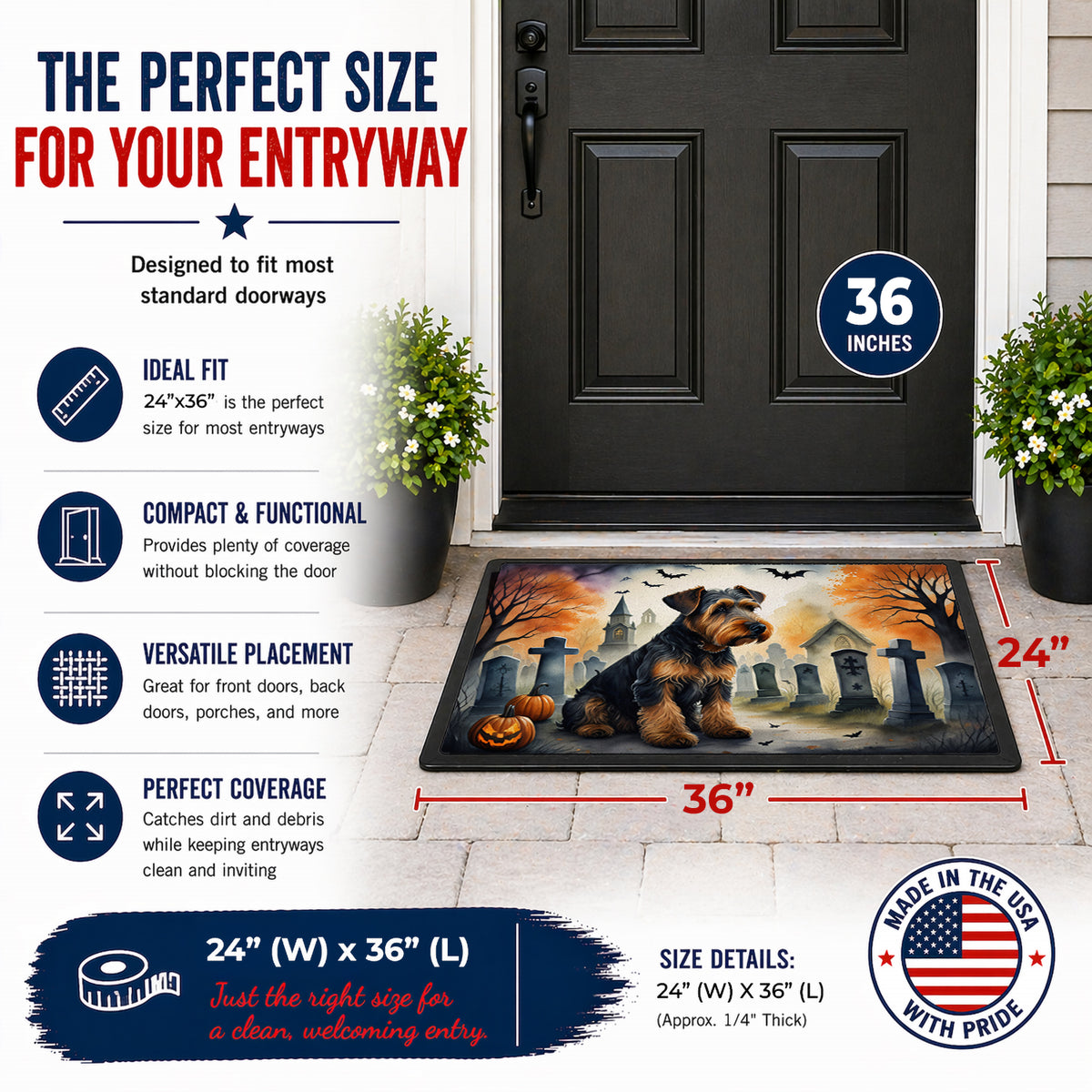 Caroline's Treasures DAC2004JMAT Airedale Terrier Spooky Halloween Indoor or Outdoor Mat 24x36 Front Door Mat Indoor Outdoor Rugs for Entryway, Non Slip Washable Low Pile, 24H X 36W