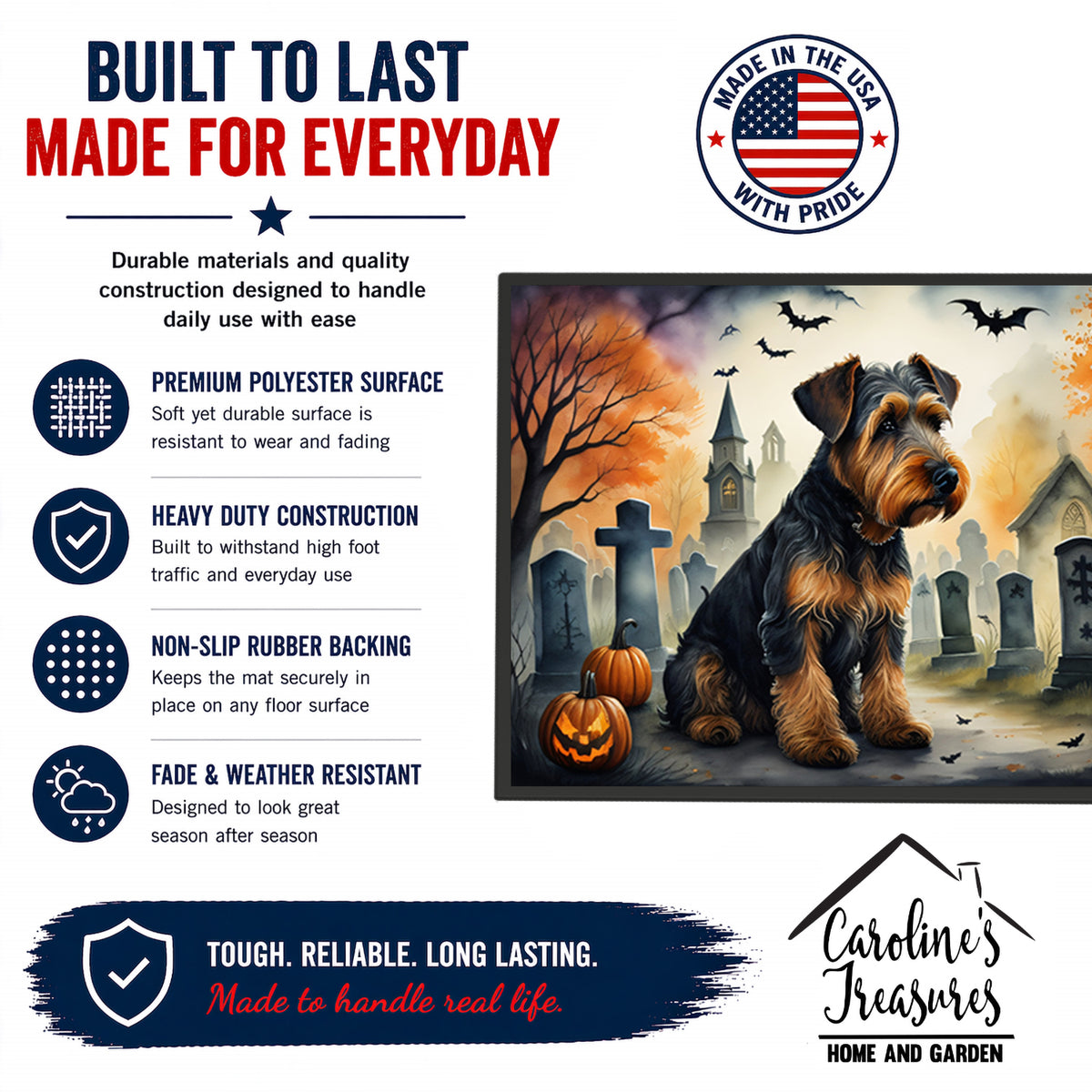 Caroline's Treasures DAC2004JMAT Airedale Terrier Spooky Halloween Indoor or Outdoor Mat 24x36 Front Door Mat Indoor Outdoor Rugs for Entryway, Non Slip Washable Low Pile, 24H X 36W