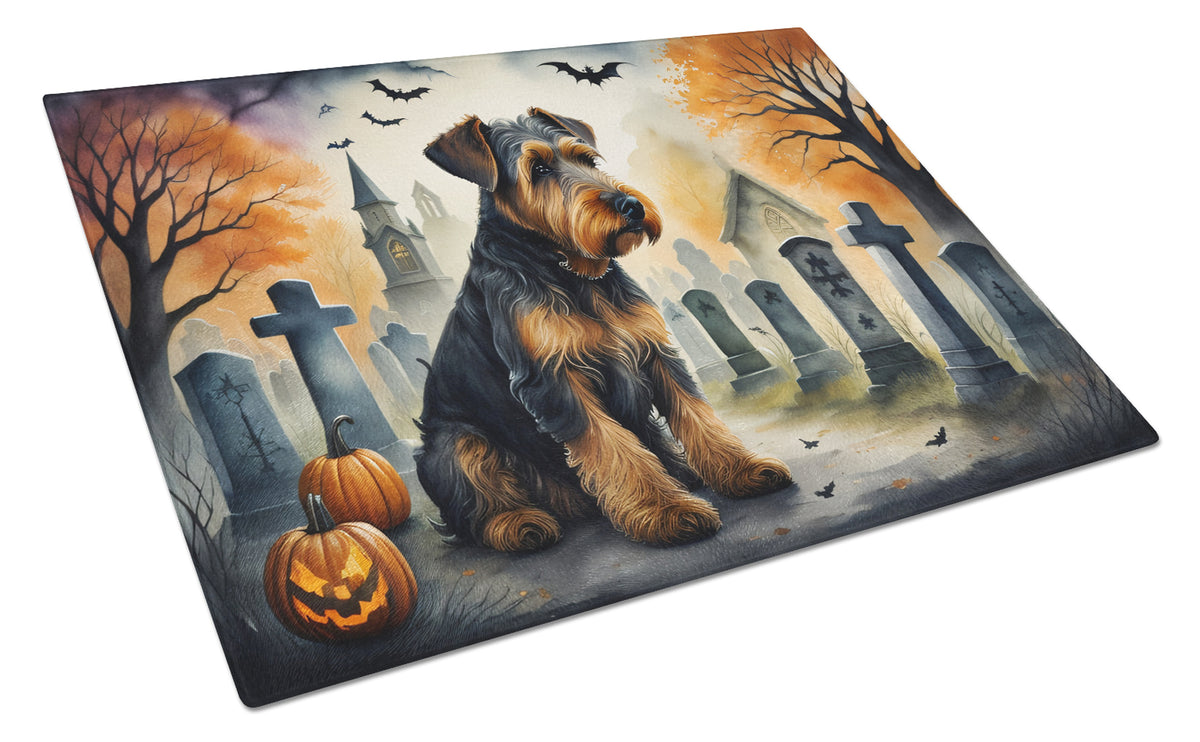 Caroline's Treasures DAC2004LCB Airedale Terrier Spooky Halloween Glass Cutting Board Large Decorative Tempered Glass Kitchen Cutting and Serving Board Large Size Chopping Board
