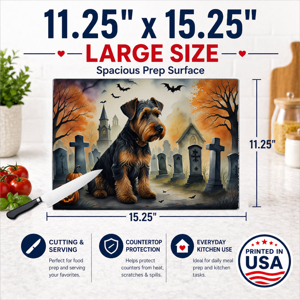 Caroline's Treasures DAC2004LCB Airedale Terrier Spooky Halloween Glass Cutting Board Large Decorative Tempered Glass Kitchen Cutting and Serving Board Large Size Chopping Board