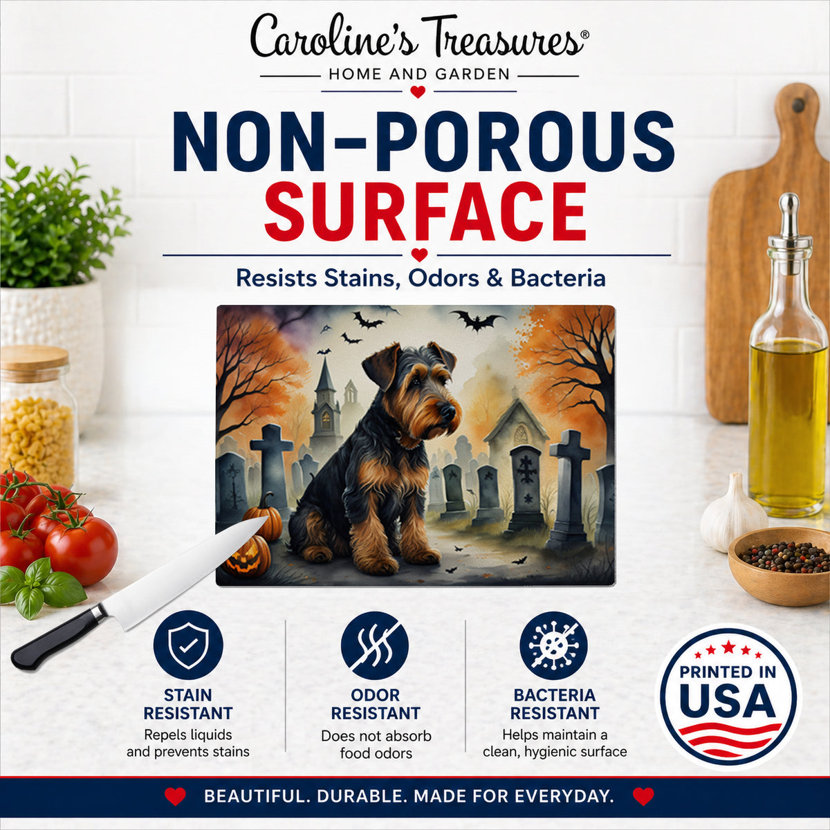 Caroline's Treasures DAC2004LCB Airedale Terrier Spooky Halloween Glass Cutting Board Large Decorative Tempered Glass Kitchen Cutting and Serving Board Large Size Chopping Board