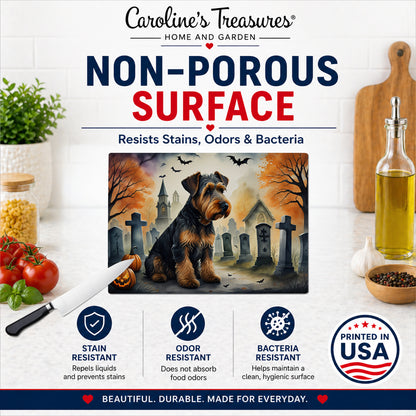 Caroline's Treasures DAC2004LCB Airedale Terrier Spooky Halloween Glass Cutting Board Large Decorative Tempered Glass Kitchen Cutting and Serving Board Large Size Chopping Board