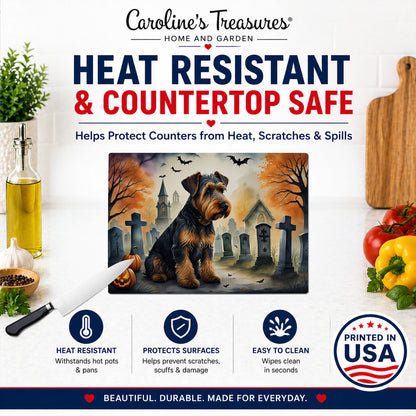 Caroline's Treasures DAC2004LCB Airedale Terrier Spooky Halloween Glass Cutting Board Large Decorative Tempered Glass Kitchen Cutting and Serving Board Large Size Chopping Board