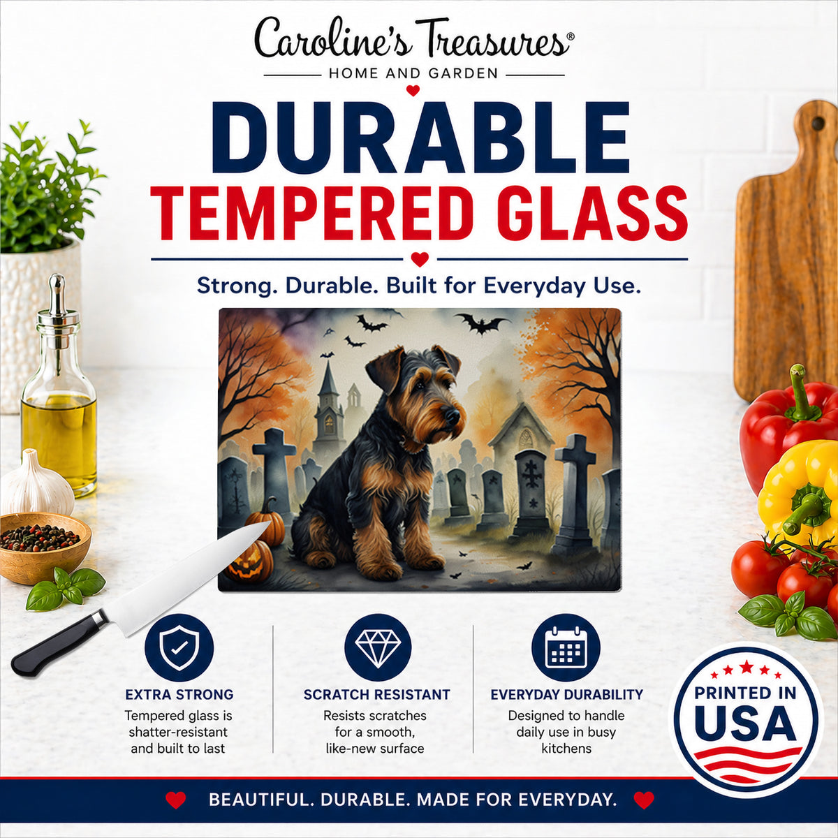 Caroline's Treasures DAC2004LCB Airedale Terrier Spooky Halloween Glass Cutting Board Large Decorative Tempered Glass Kitchen Cutting and Serving Board Large Size Chopping Board