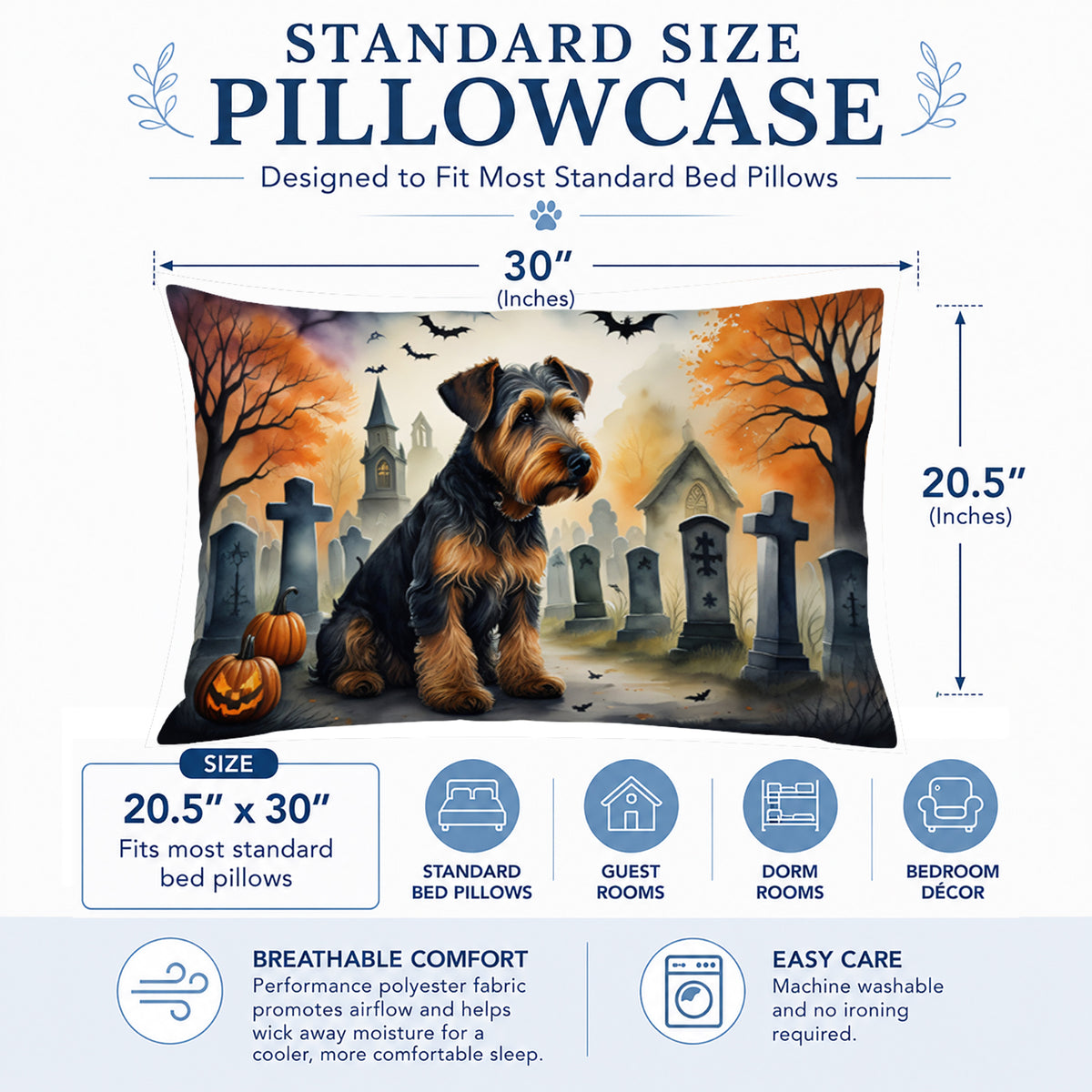 Caroline's Treasures DAC2004PILLOWCASE Airedale Terrier Spooky Halloween Fabric Standard Pillowcase Lightweight Super Soft Easy Care Decorative Artwork Pillowcase, Standard
