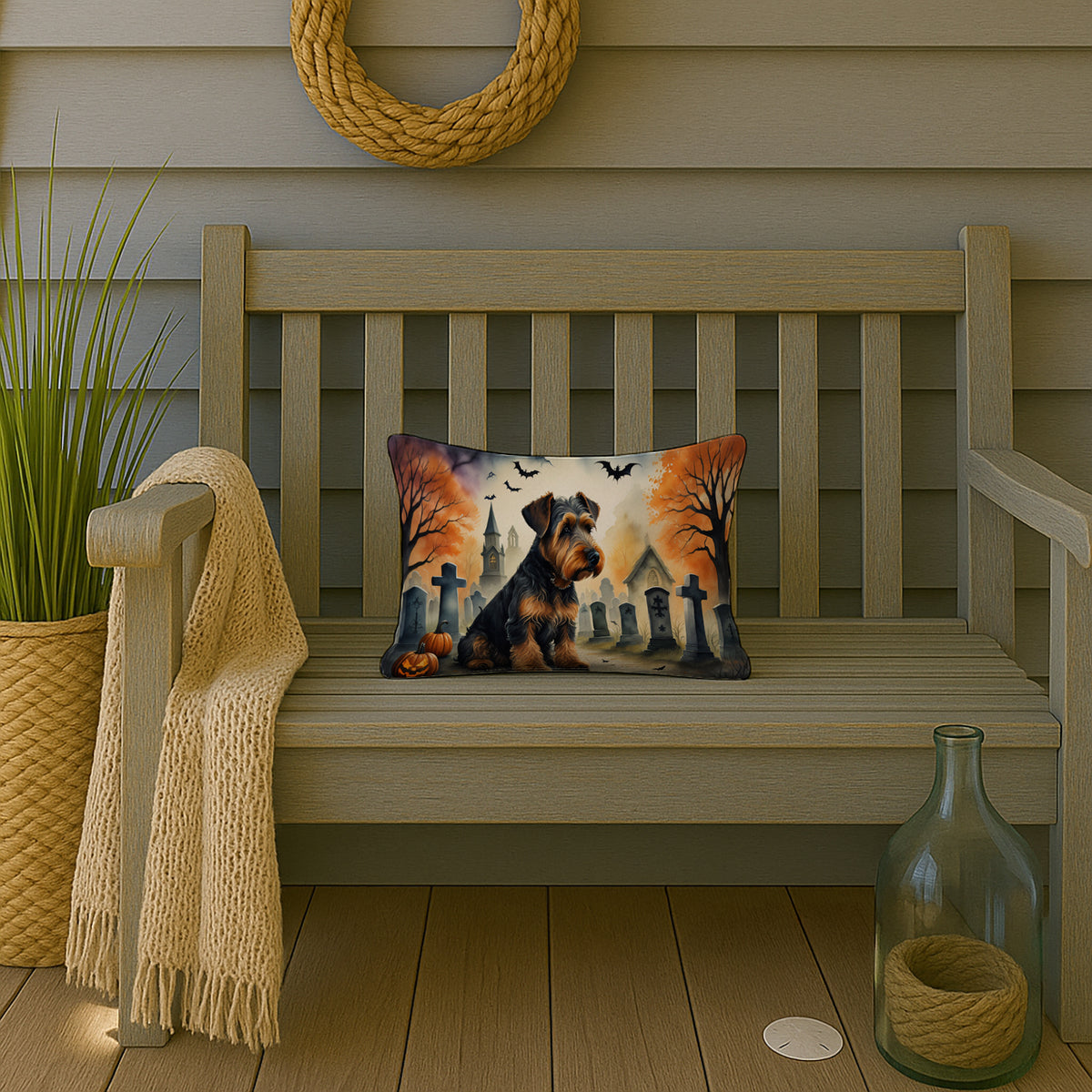 Caroline's Treasures DAC2004PW1216 Airedale Terrier Spooky Halloween Fabric Decorative Pillow Machine Washable, Indoor Outdoor Decorative Pillow for Couch, Bed or Patio, 12HX16W