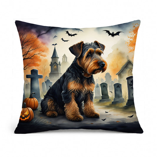 Caroline's Treasures DAC2004PW1414 Airedale Terrier Spooky Halloween Fabric Decorative Pillow Machine Washable, Indoor Outdoor Decorative Pillow for Couch, Bed or Patio, 14Hx14W