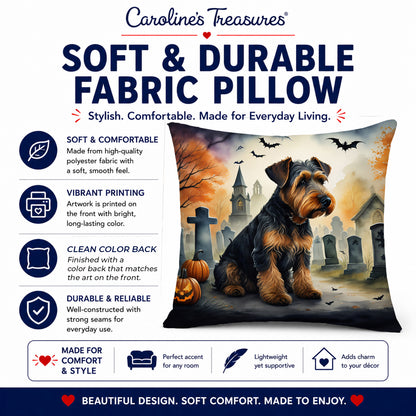 Caroline's Treasures DAC2004PW1414 Airedale Terrier Spooky Halloween Fabric Decorative Pillow Machine Washable, Indoor Outdoor Decorative Pillow for Couch, Bed or Patio, 14Hx14W