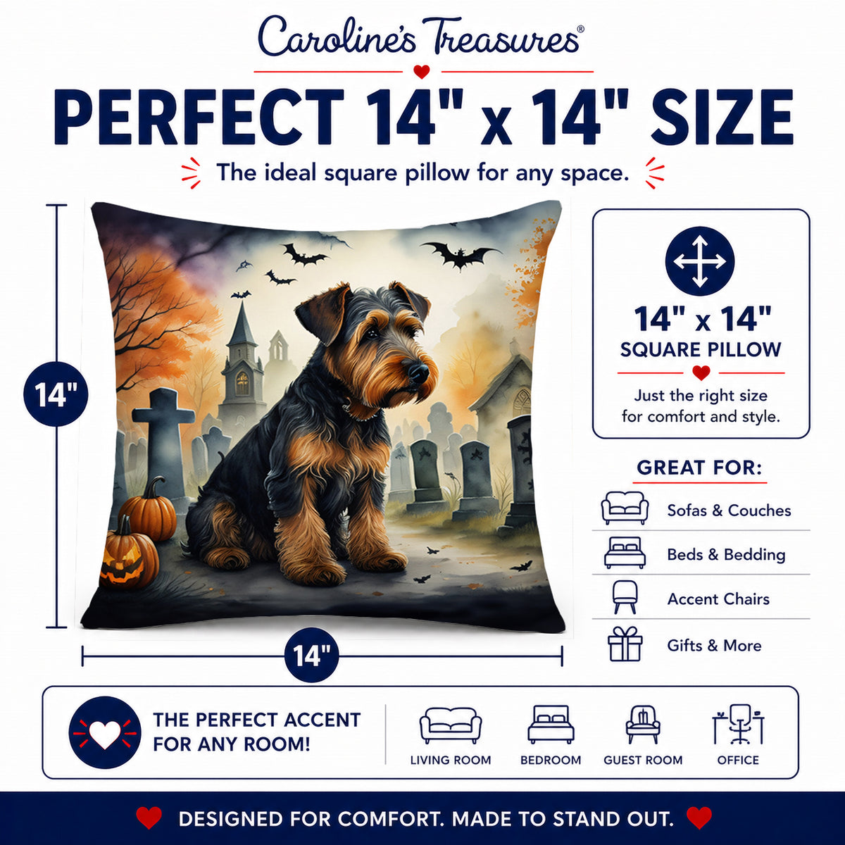 Caroline's Treasures DAC2004PW1414 Airedale Terrier Spooky Halloween Fabric Decorative Pillow Machine Washable, Indoor Outdoor Decorative Pillow for Couch, Bed or Patio, 14Hx14W
