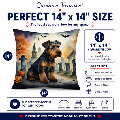Caroline's Treasures DAC2004PW1414 Airedale Terrier Spooky Halloween Fabric Decorative Pillow Machine Washable, Indoor Outdoor Decorative Pillow for Couch, Bed or Patio, 14Hx14W