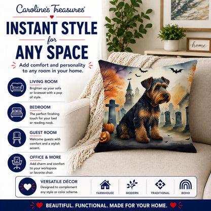 Caroline's Treasures DAC2004PW1414 Airedale Terrier Spooky Halloween Fabric Decorative Pillow Machine Washable, Indoor Outdoor Decorative Pillow for Couch, Bed or Patio, 14Hx14W