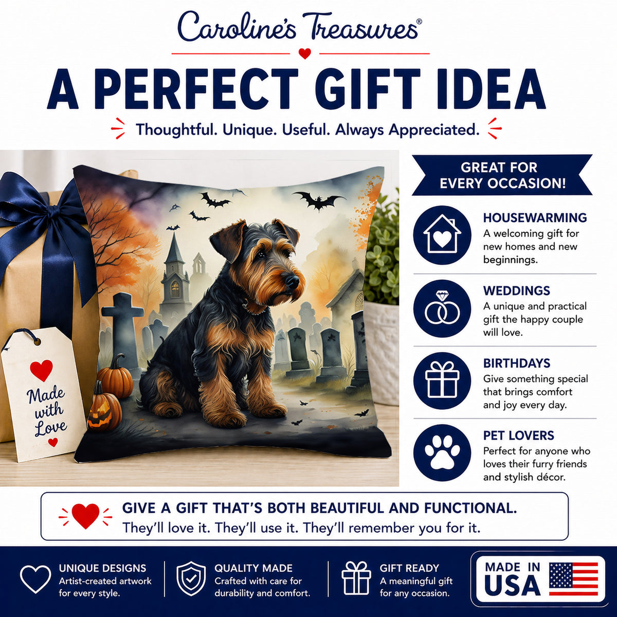 Caroline's Treasures DAC2004PW1414 Airedale Terrier Spooky Halloween Fabric Decorative Pillow Machine Washable, Indoor Outdoor Decorative Pillow for Couch, Bed or Patio, 14Hx14W