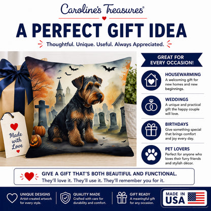 Caroline's Treasures DAC2004PW1414 Airedale Terrier Spooky Halloween Fabric Decorative Pillow Machine Washable, Indoor Outdoor Decorative Pillow for Couch, Bed or Patio, 14Hx14W