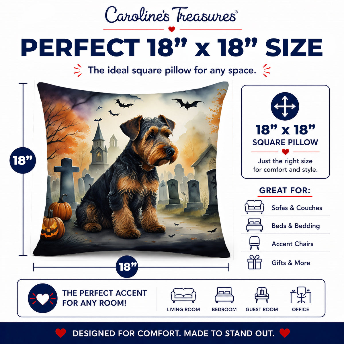 Caroline's Treasures DAC2004PW1818 Airedale Terrier Spooky Halloween Fabric Decorative Pillow Machine Washable, Indoor Outdoor Decorative Pillow for Couch, Bed or Patio, 18Hx18W