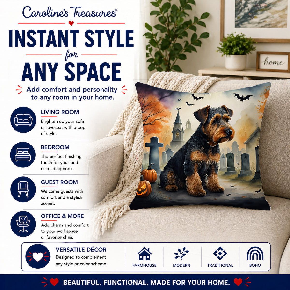 Caroline's Treasures DAC2004PW1818 Airedale Terrier Spooky Halloween Fabric Decorative Pillow Machine Washable, Indoor Outdoor Decorative Pillow for Couch, Bed or Patio, 18Hx18W
