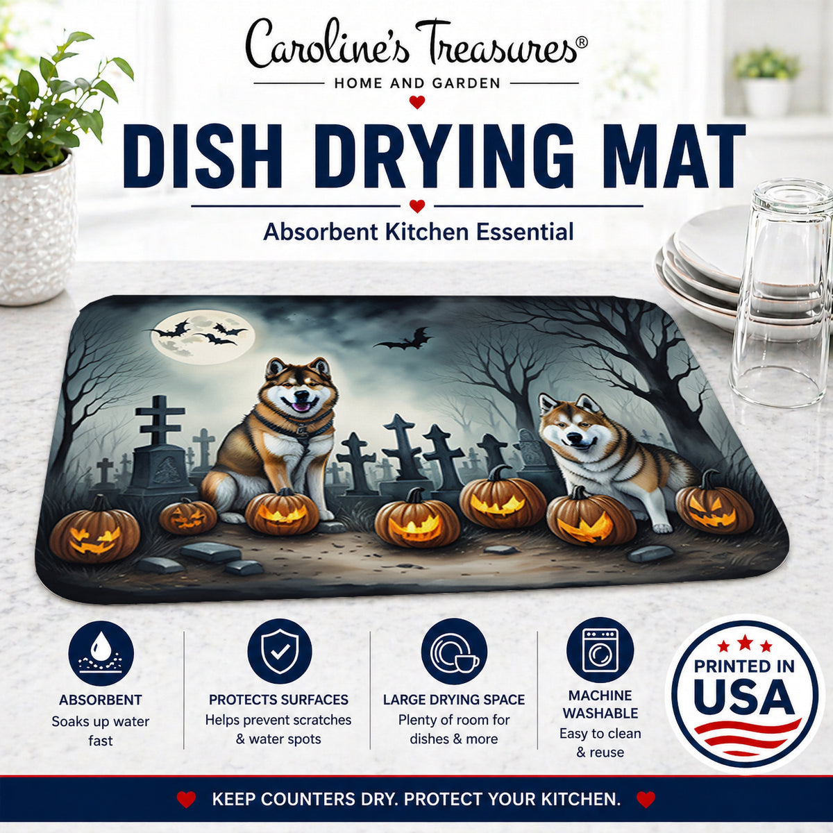 Caroline's Treasures DAC2005DDM Akita Spooky Halloween Dish Drying Mat Absorbent Dish Drying Mat Pad for Kitchen Counter Dish Drainer Mat for Countertop, 14 x 21, Multicolor