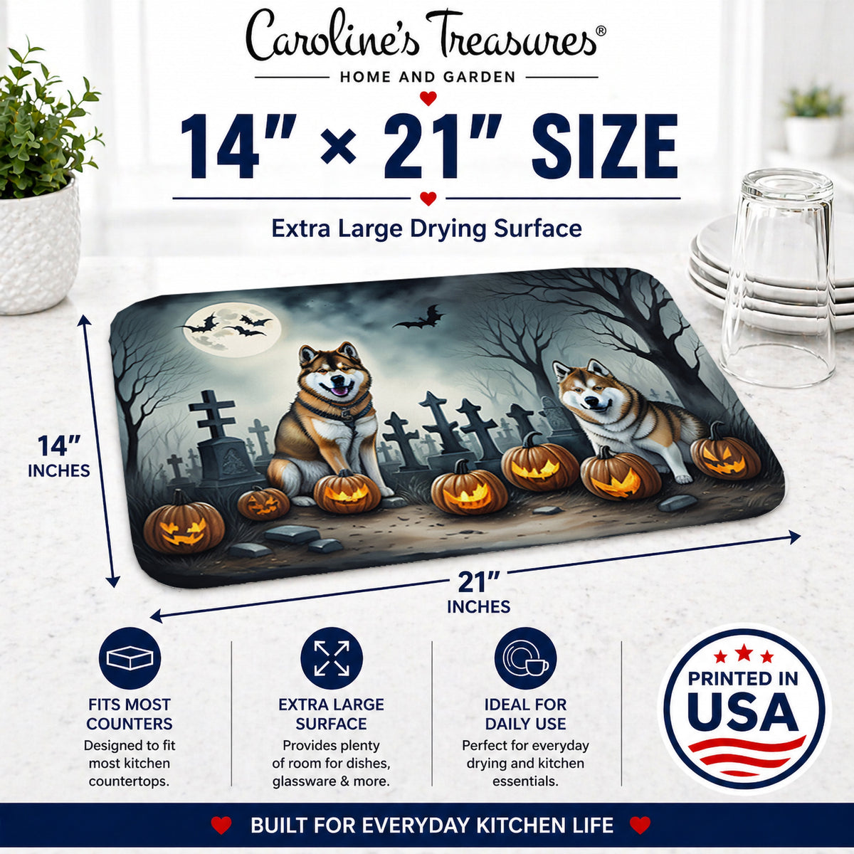 Caroline's Treasures DAC2005DDM Akita Spooky Halloween Dish Drying Mat Absorbent Dish Drying Mat Pad for Kitchen Counter Dish Drainer Mat for Countertop, 14 x 21, Multicolor