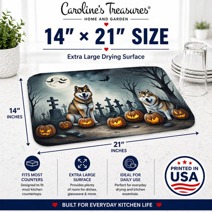 Caroline's Treasures DAC2005DDM Akita Spooky Halloween Dish Drying Mat Absorbent Dish Drying Mat Pad for Kitchen Counter Dish Drainer Mat for Countertop, 14 x 21, Multicolor